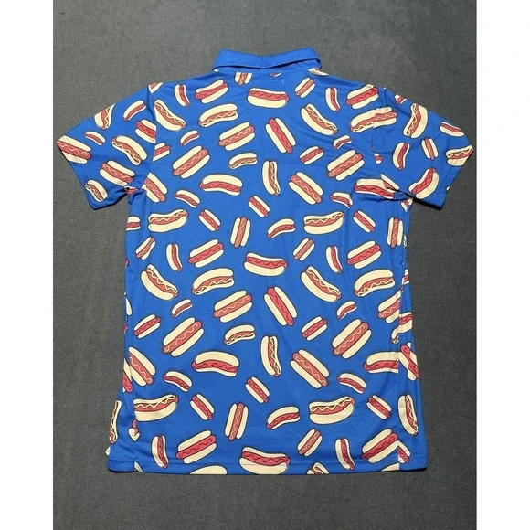 Tipsy Elves Large Blue Hot Dog Short Sleeve Polo Golf Athletic Shirt Bowling - Picture 5 of 7